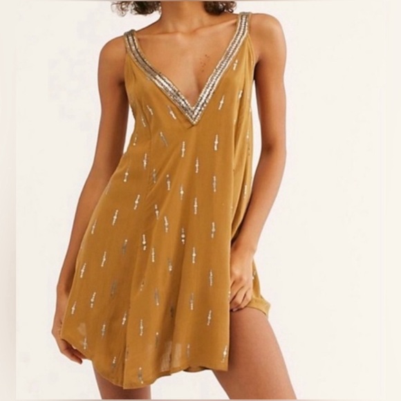 NWT Free People Rising Sun Gold Bejewelled V Neck Slip Dress - Picture 1 of 13